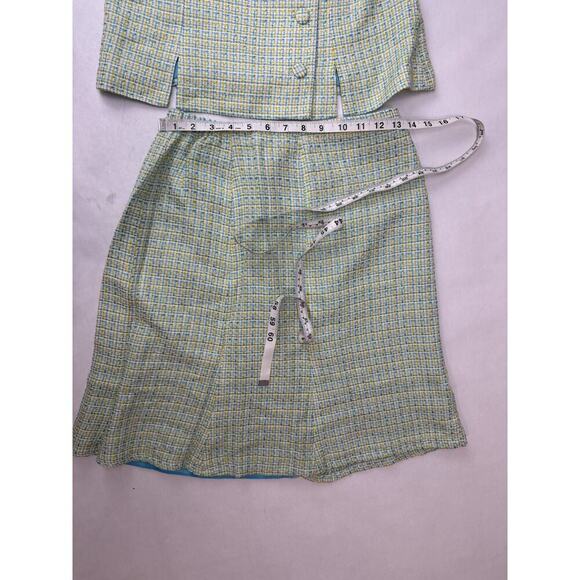 Light Academia Julian Taylor Tweed Skirt Suit Blazer Plaid Blue Yellow Size 8P - Picture 7 of 11